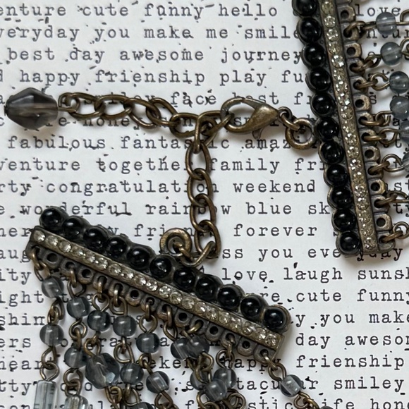 VINTAGE Necklace Beaded Multi Stranded Neutral Rhinestones Bib Antique - Picture 4 of 9